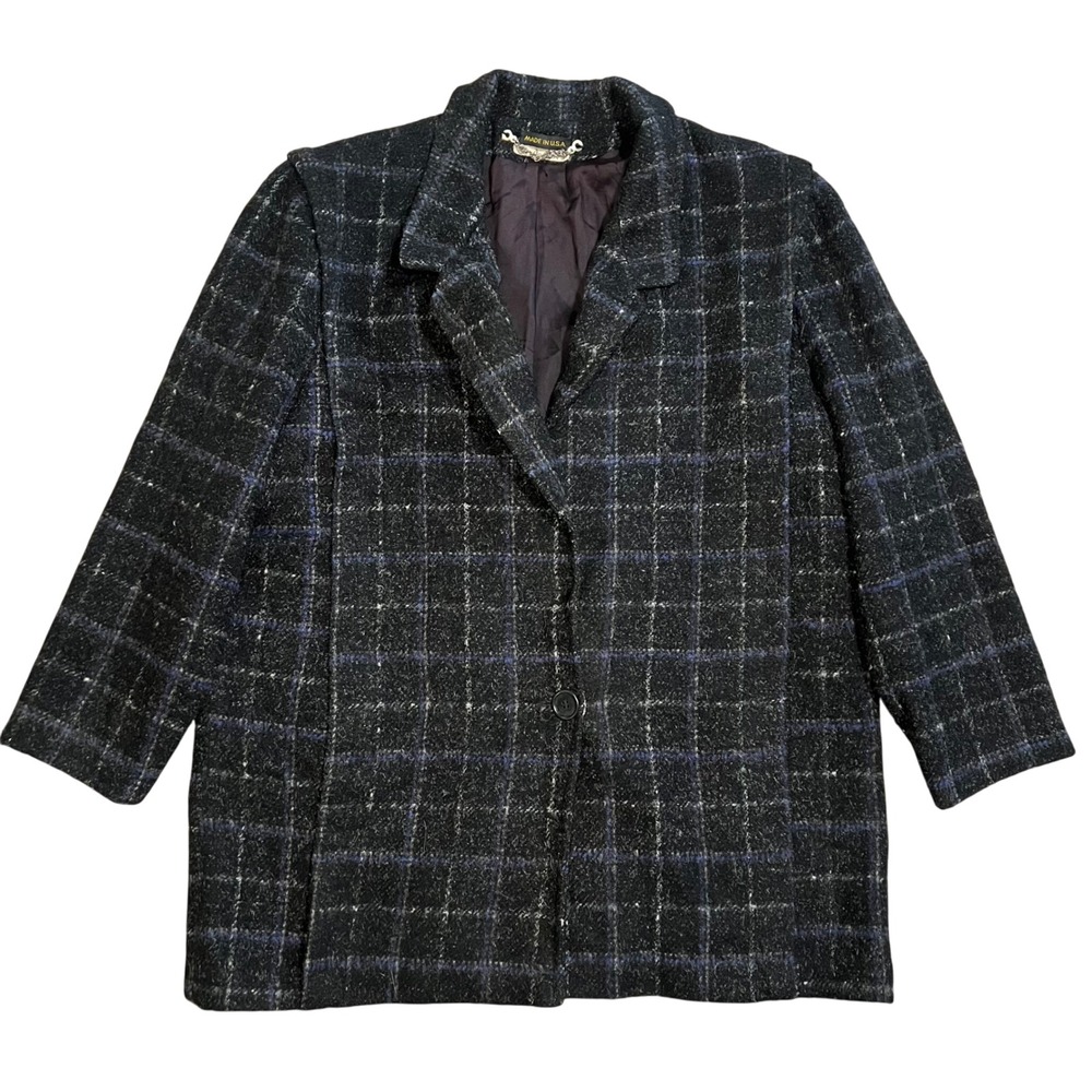 VTG 80s Tweed Wool Plaid Blazer Coat Womens XL Made in USA Classic Black Blue